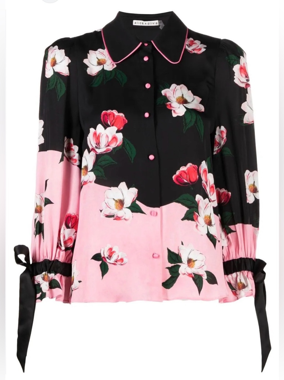 NWOT Alice +Olivia Willa Tied Blouson Sleeve Top In After Dark. Size M